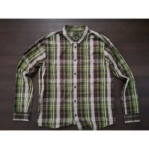 PrAna Breathe LS Button Down Shirt Men Sz Lrg Green Plaid 100% Organic Cotton